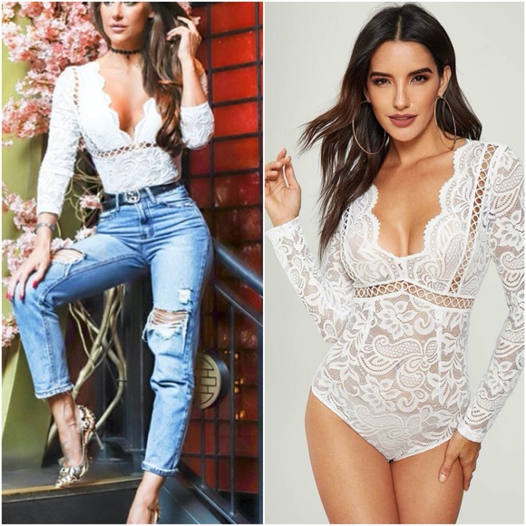 Tops - v neck plunging neckline lace long sleeve bodysuit
